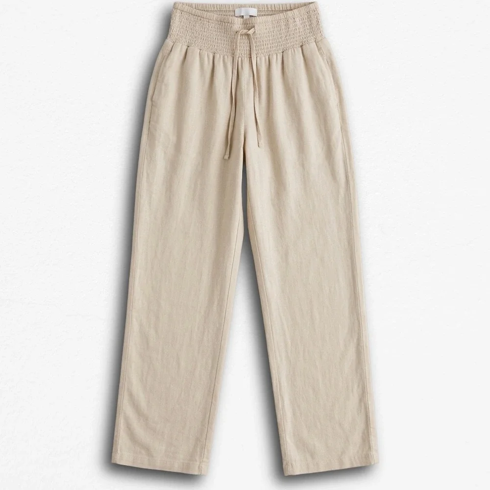 Paradise Island Beige Smocked Waist Linen Blend Wide Leg Pants One‎ Size